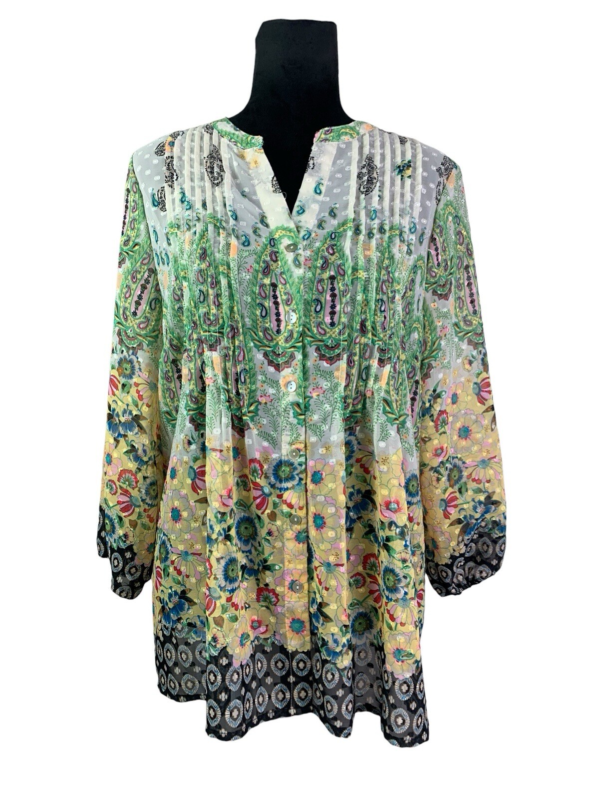 NWT Figueroa & Flower Colorful Floral Chiffon Pleated Henley Tunic Top XL