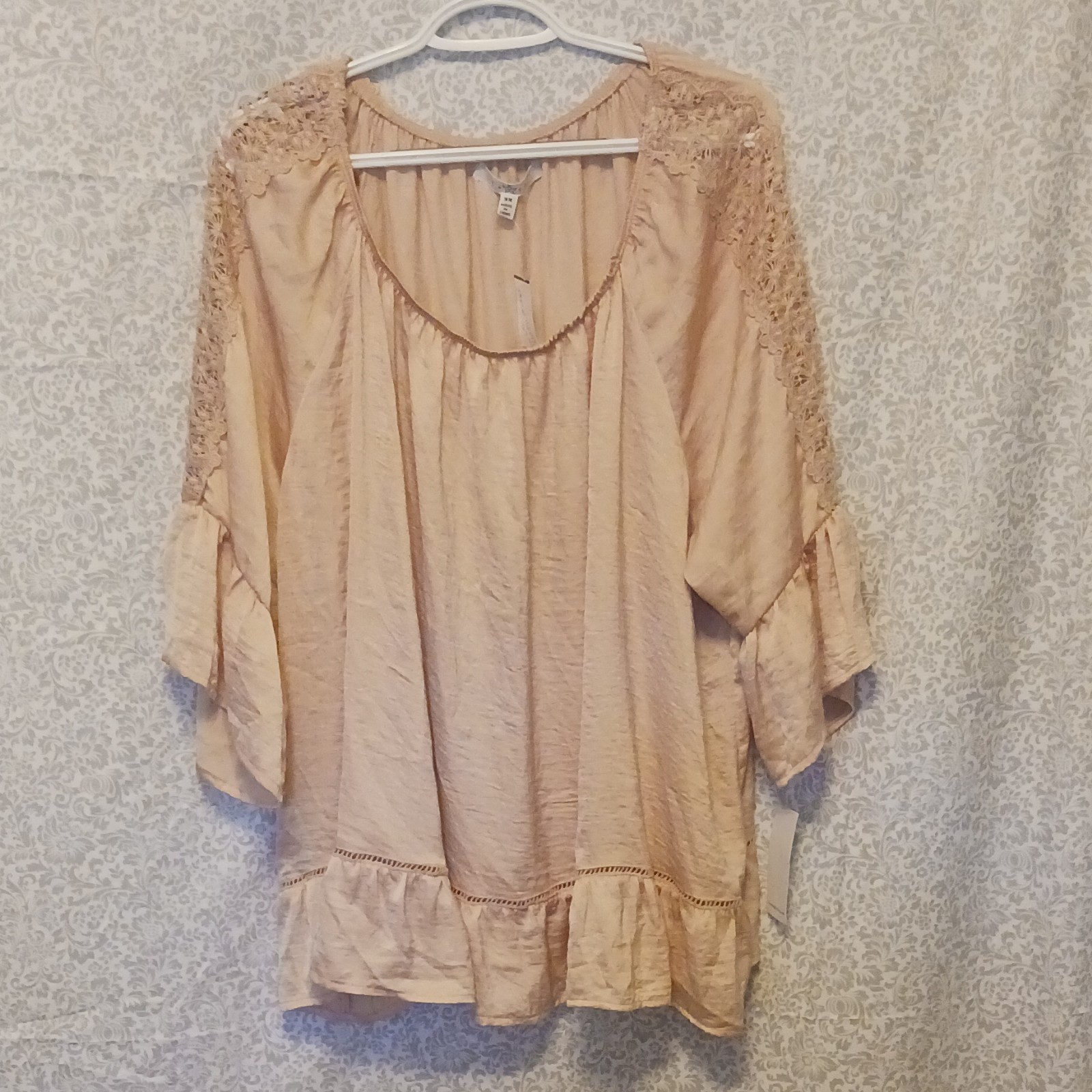 Fever Beige Solid Scoop Neck Ruffle Hem 3/4 Sleeve Pullover Blouse Top 3X