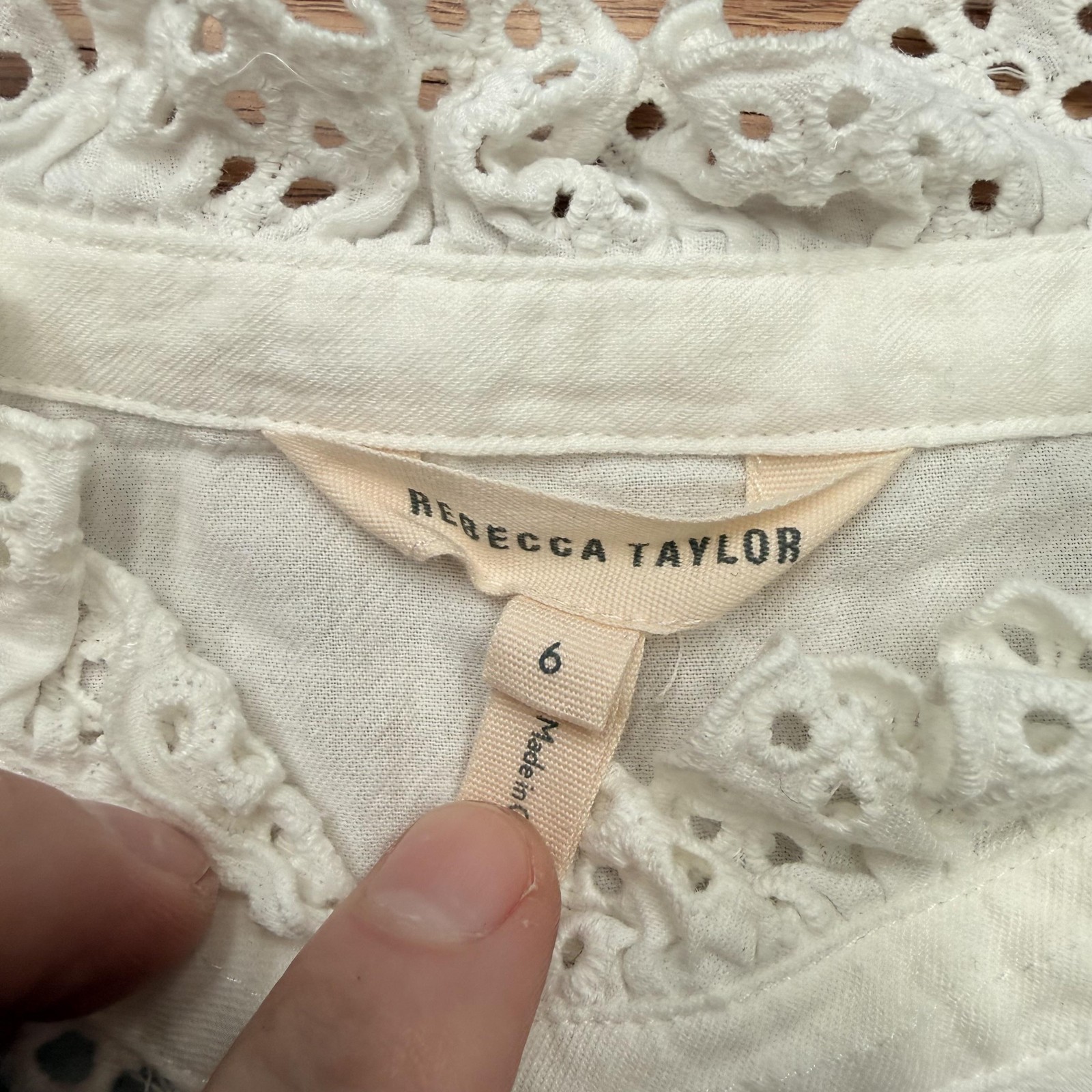 Rebecca Taylor Blouse Womens 6 White Eyelet Embroidered High Neck Long Sleeve