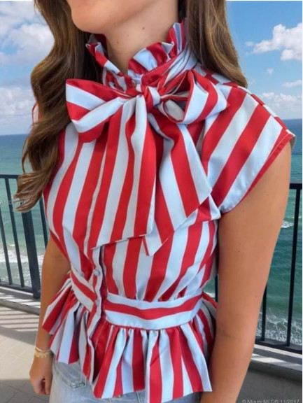 ZARA COTTON BOW NECK RED STRIPED KNOTTED SLEEVELESS SHIRT sz S 3091/320