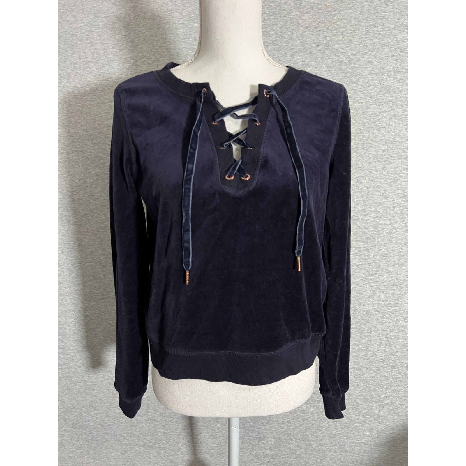 Betsey Johnson Performance Top Womens Medium Navy Blue Velour Athleisure Lace Up