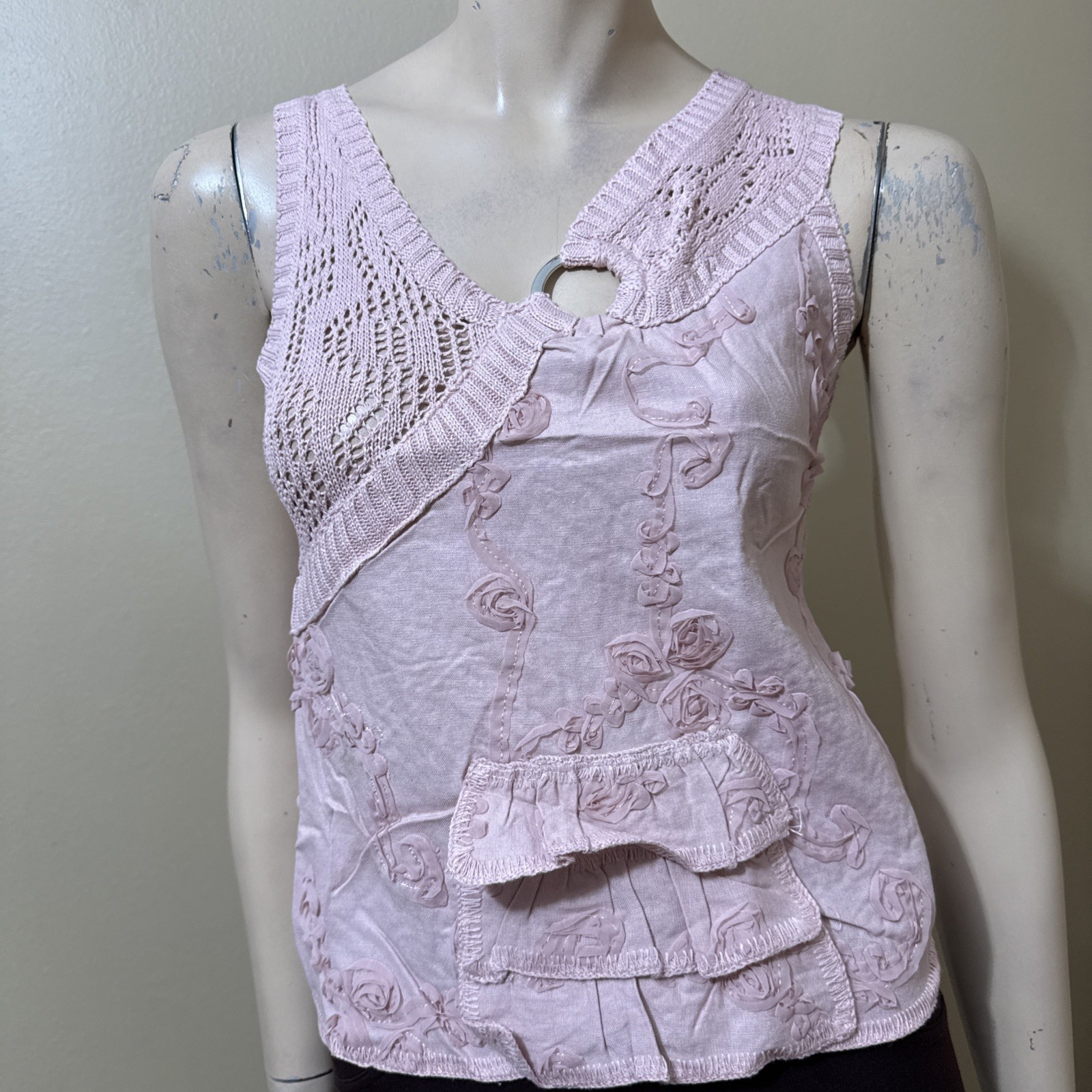 Women’s Light Pink Cotton Casual Stretch Ring Crochet Pleated Size M/L Blouse