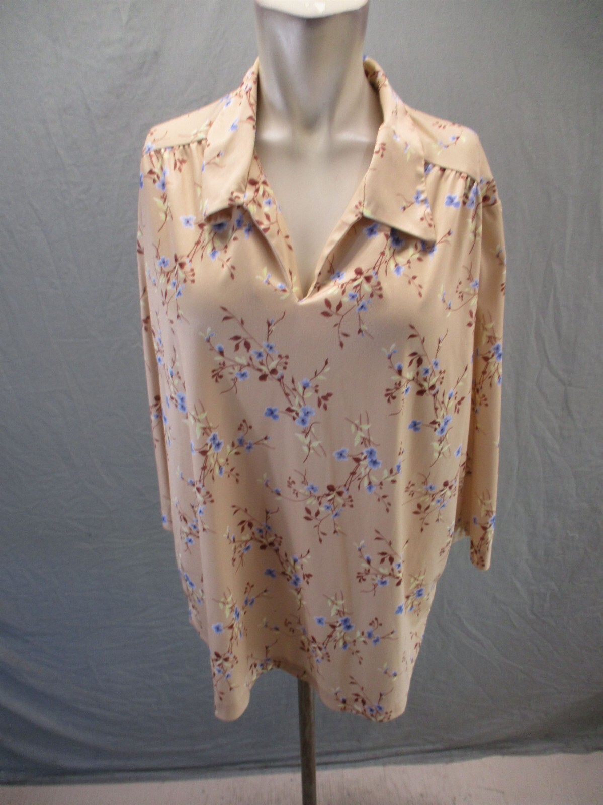 Haband for Her Size XL Women Beige Floral Collared 3/4 Sleeve Vintage Blouse 221