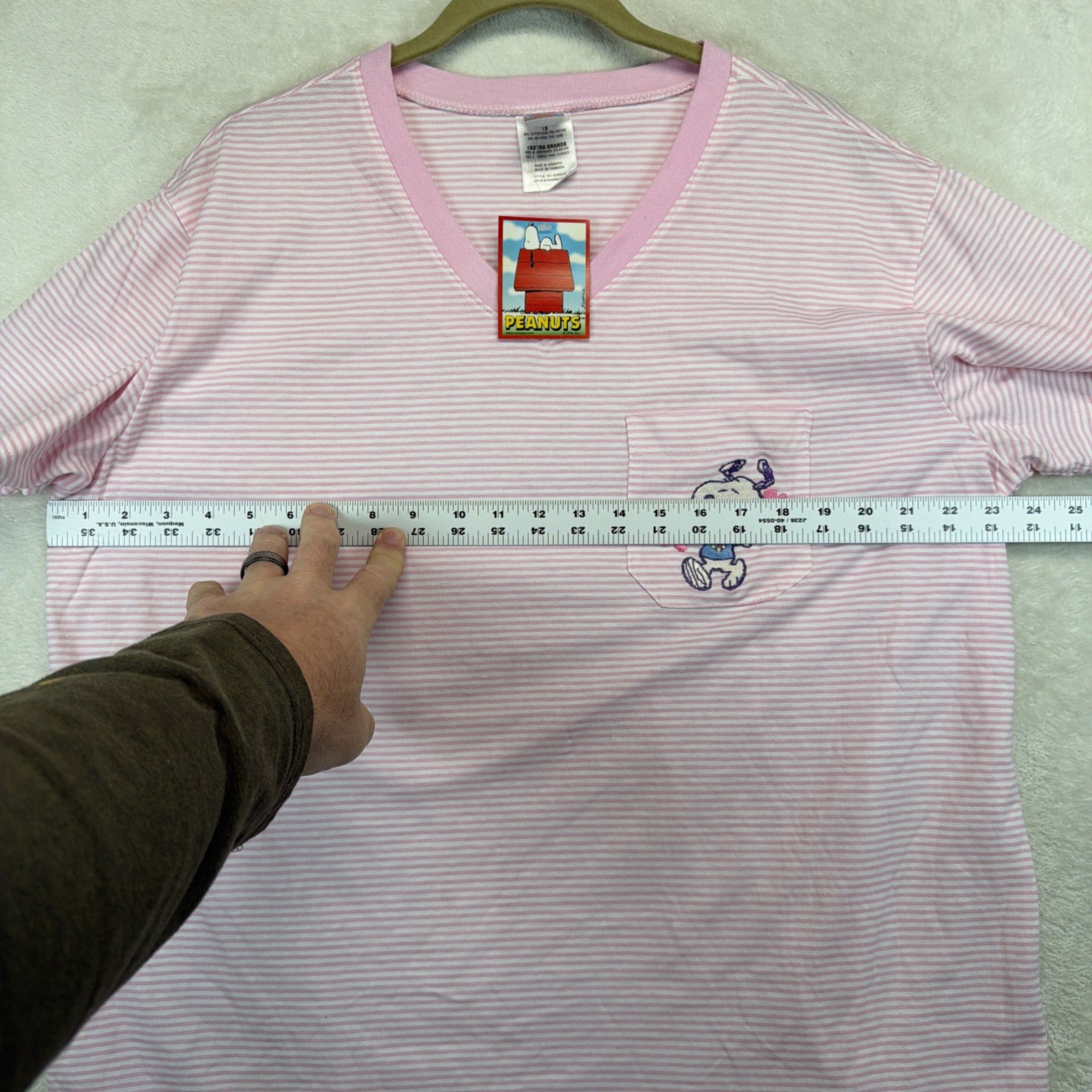 Snoopy Peanuts Pocket Tee NWT Pink Stripe V Neck Women’s XL