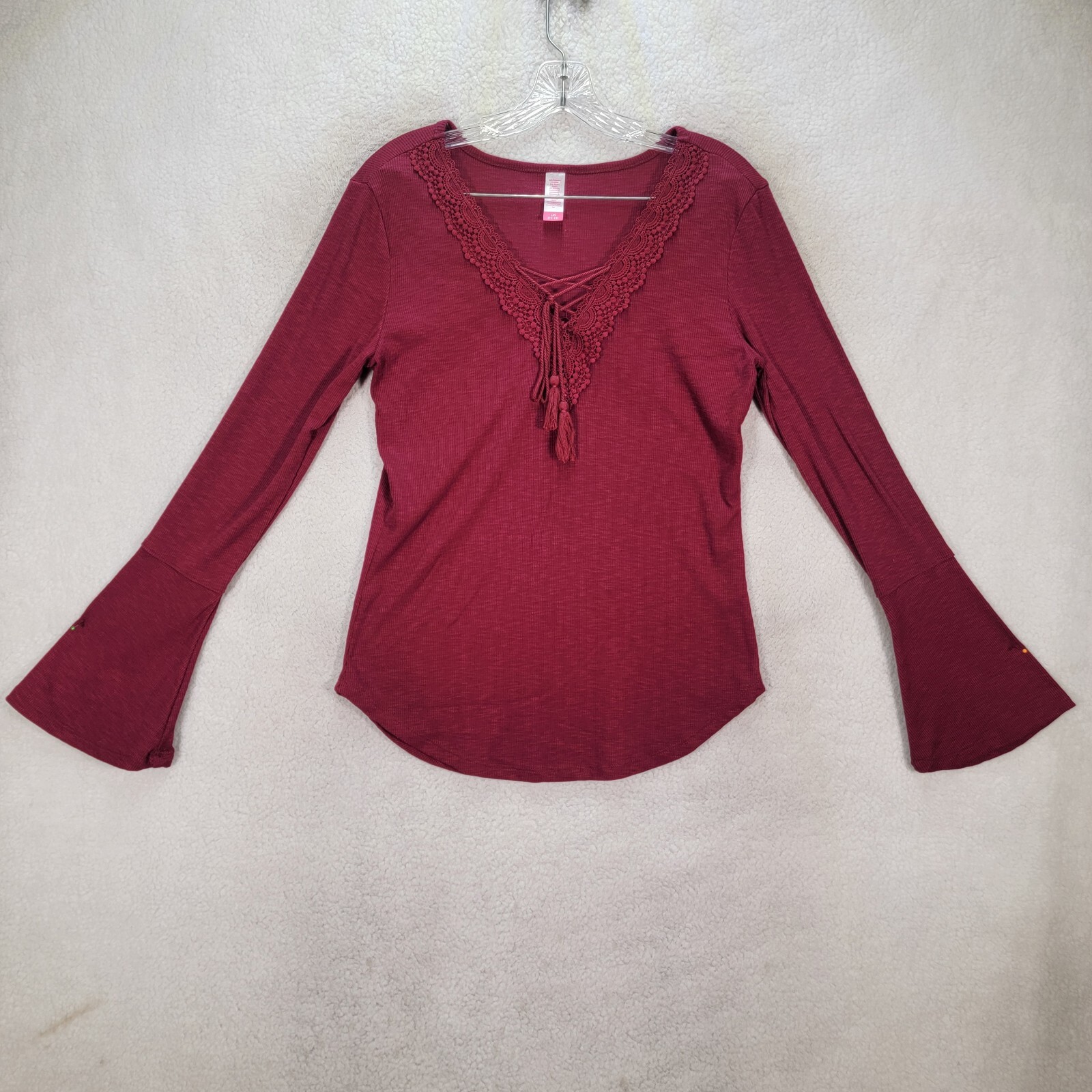 Burgundy Knit Womens Top Stretch Tassel V Neck Flare Sleeve Casual Blouse Size L