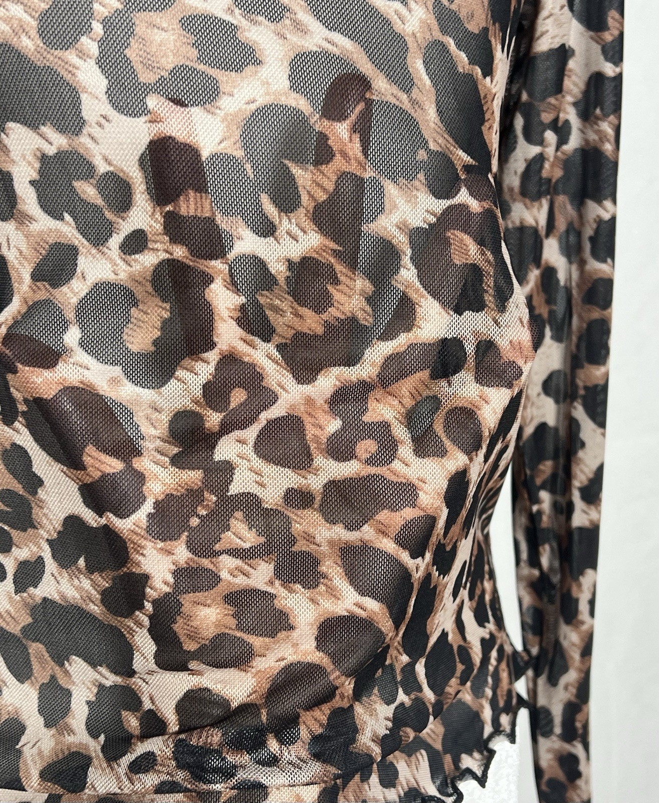 NWOT Semi Sheer Mesh Brown Black Leopard Print Long Sleeve Top – size S