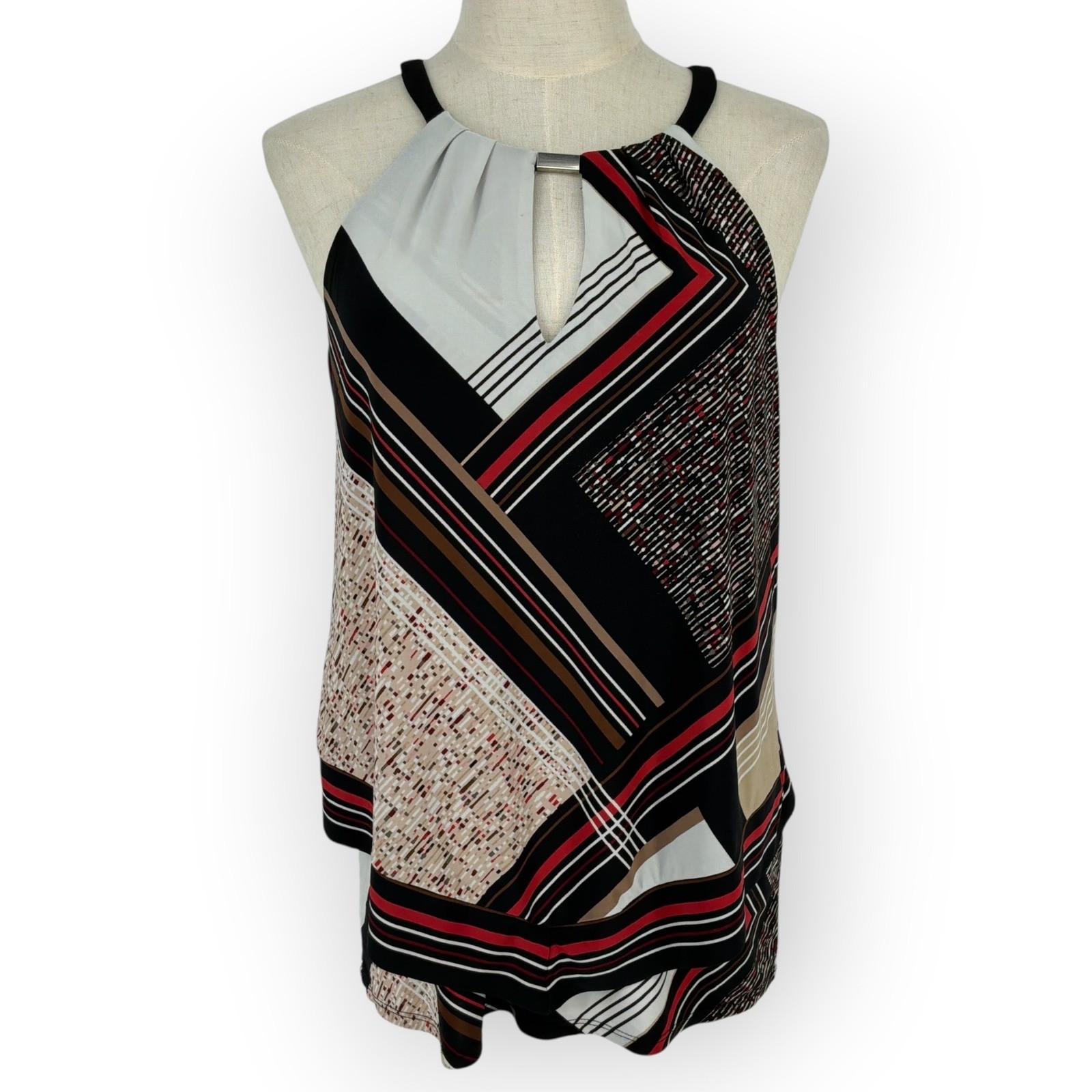 White House Black Market Geometric Scarf Print Halter Top Red Black Tan Large