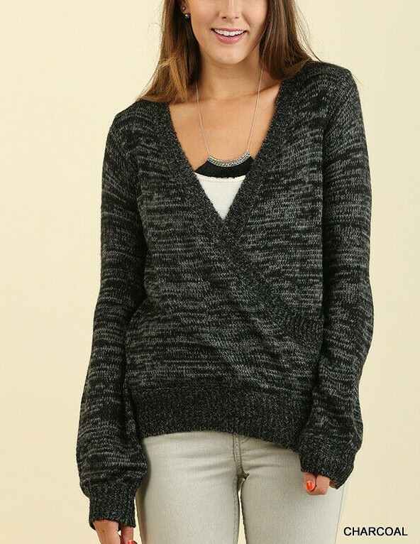 Umgee Sweater Womens Cross Front V Neck Balloon Sleeve Heathered Charcoal S M L