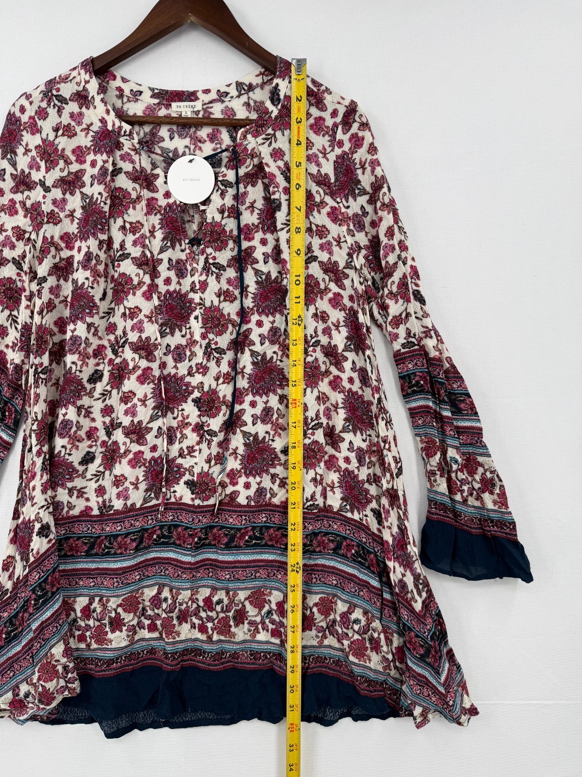 En Crème Boho Floral Peasant Blouse Small NWT Cream Burgundy Bell Sleeve Top