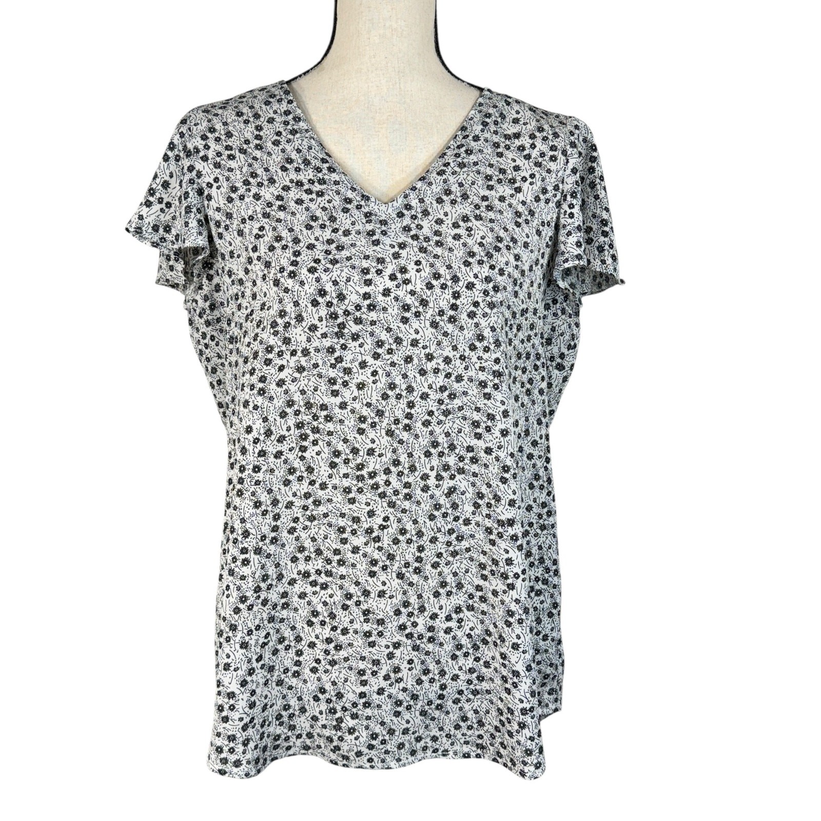 Adrianna Papell Medium Top Floral Flutter Cap Sleeves V-Neck Lightweight White