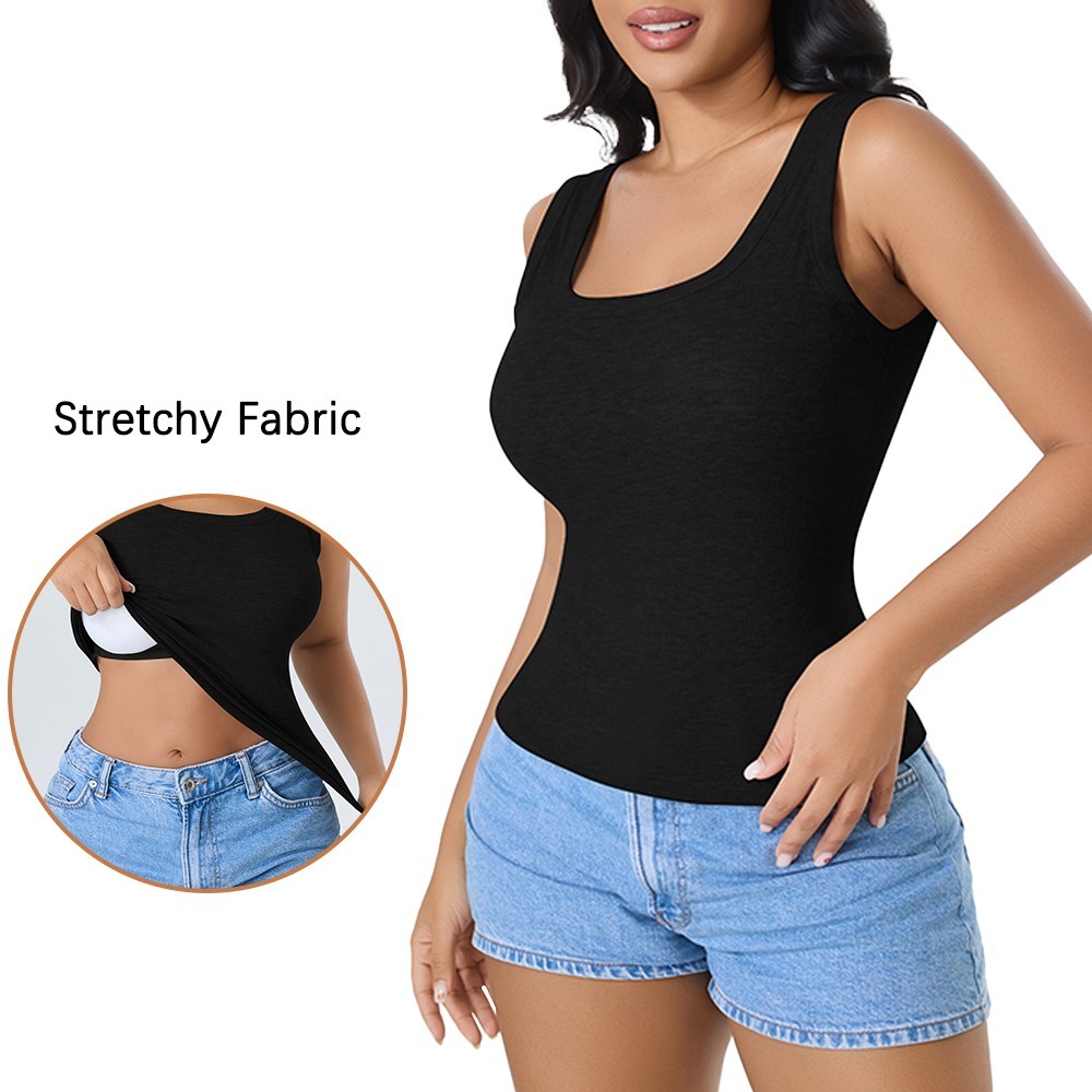 5 Pack Ribbed Square Neck Tank Top Built In Bra Tummy Control Slim Camisole