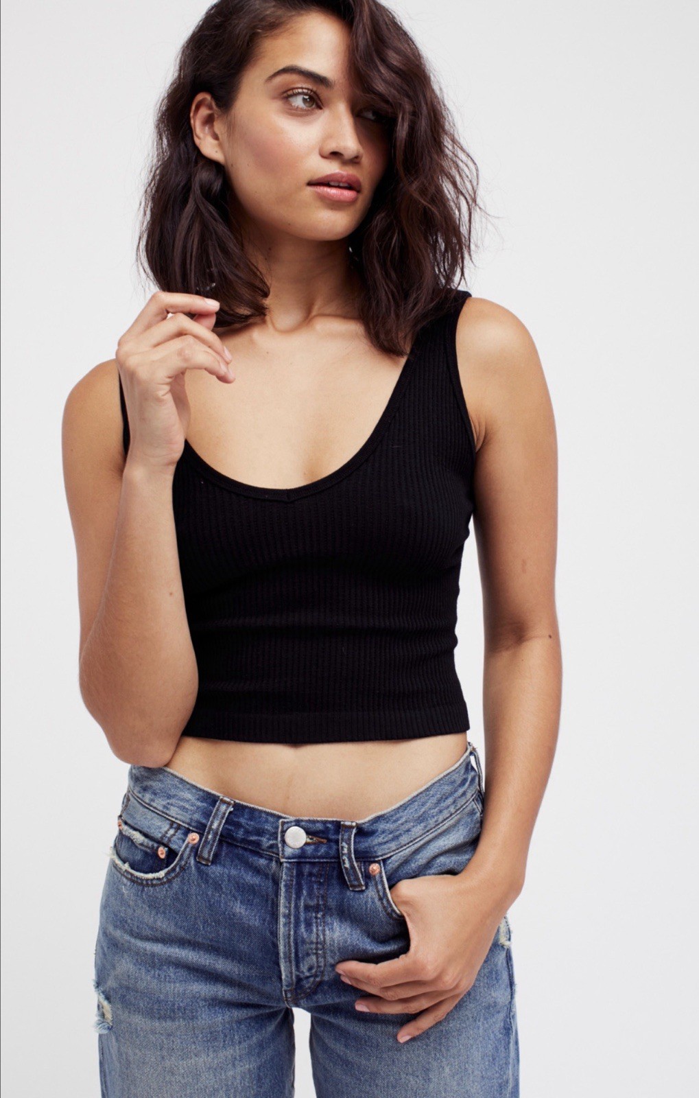 NWT Free People Solid Knit Brami V Neck Cropped Ribbed Tank Top Black XS/S $38