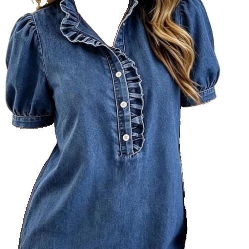Women’s Dark Blue Denim Collared Button Front Ruffle Puff Sleeve Blouse XL