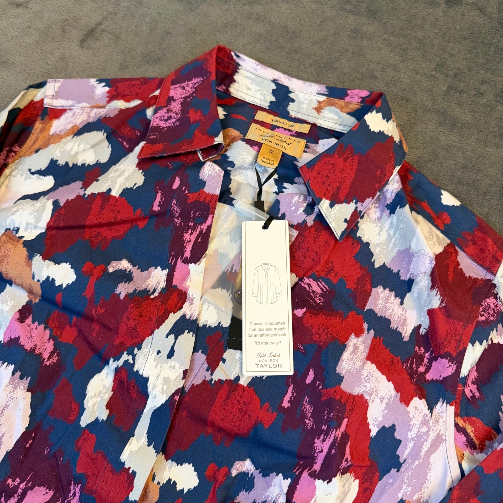 Investments Taylor Blouse Womens Size 12 Multicolor Non Iron 3/4 Sleeve Abstract