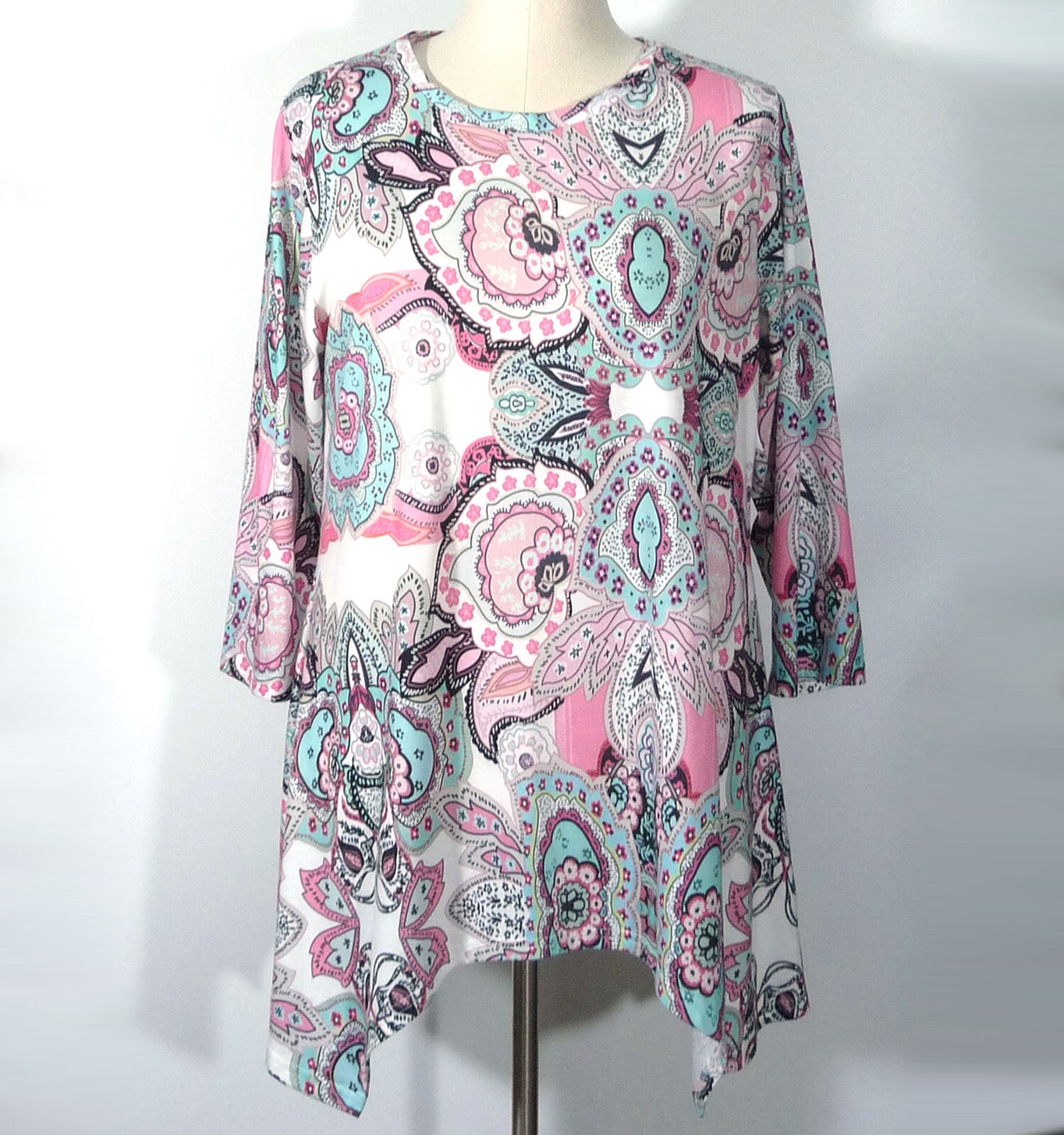 Mirol Womens White Pink Blue Floral Paisley Knit Tunic Top Sz XL