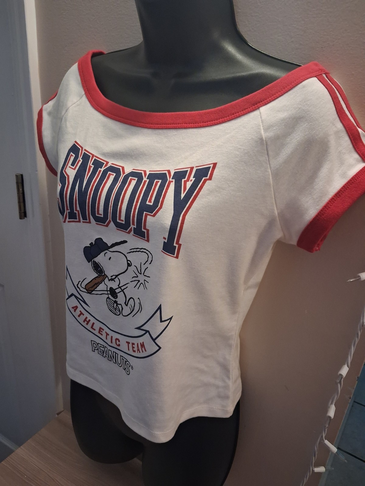 NWT Peanuts Snoopy Athletic Team Ringer Crop Top White Red Medium Hybrid Apparel