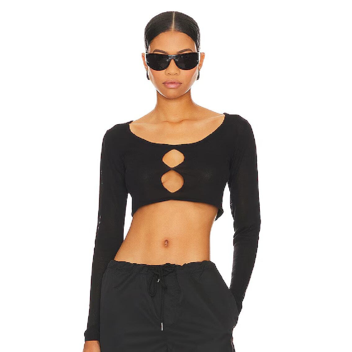 Superdown Jasmina Knit Top Black Crop Cut Out Long Sleeve Scoop Neck Sz S