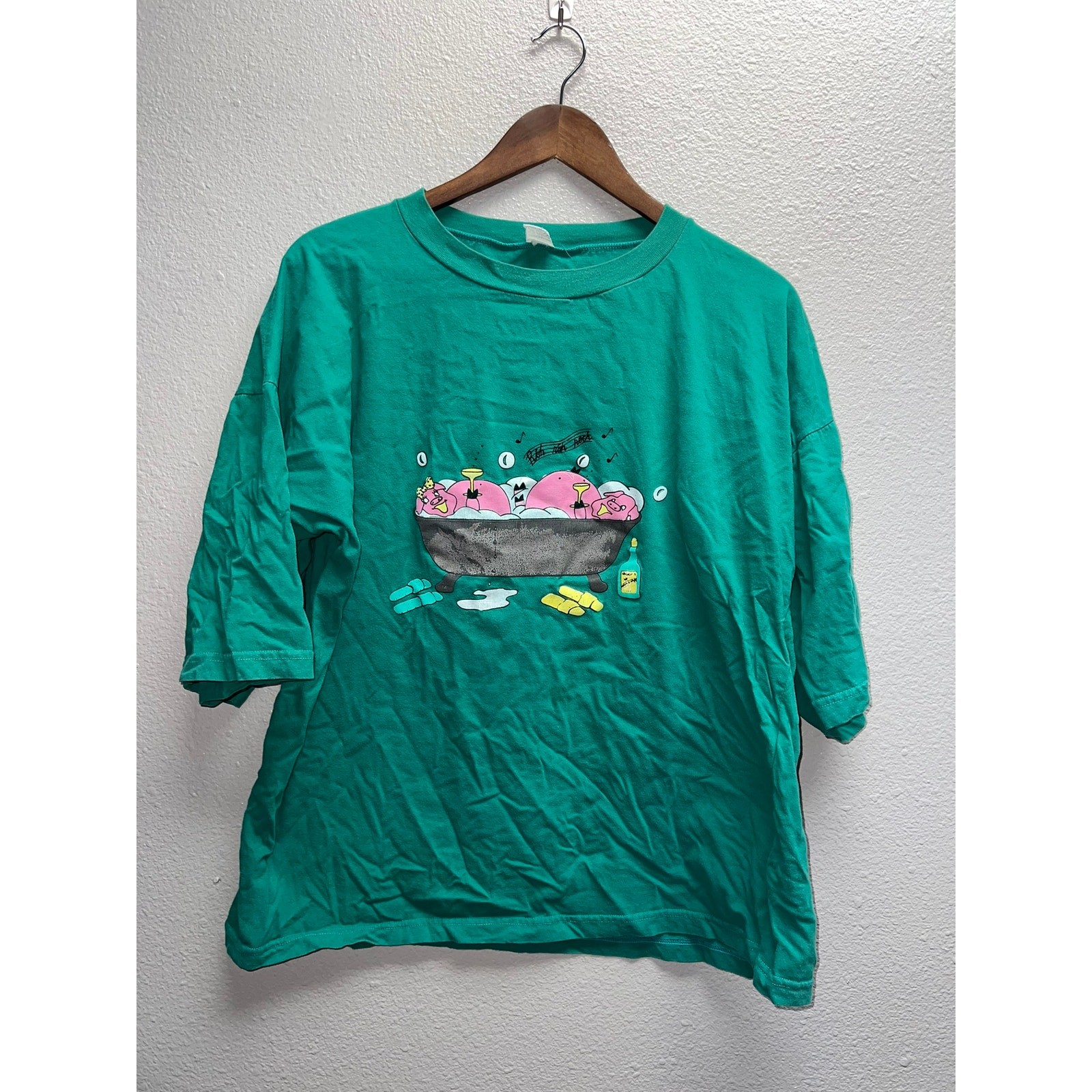 Womens Vintage Pig Shirt Cartoon Rock Pigs Animal Green Graphic Tee 90s Women XL