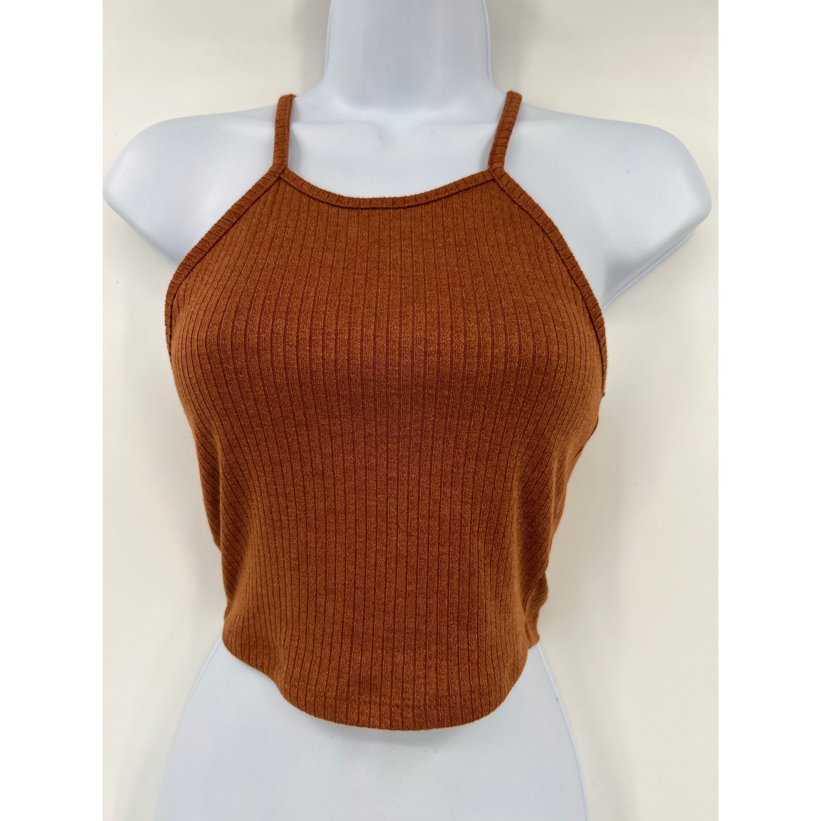 Earthbound Trading Co Womens Rust Brown Ribbed High Neck Halter Tank Top Small
