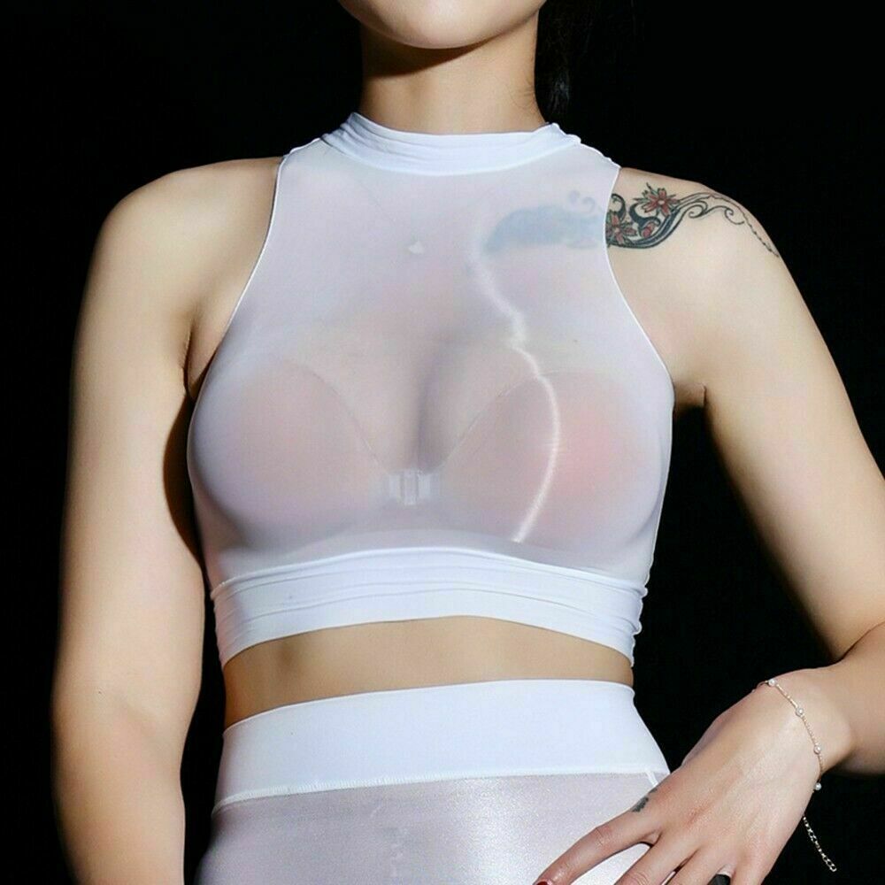 Women’s See Through Oil Shiny Glossy Sheer Crop Tank Top Vest Short T-Shirt Tops