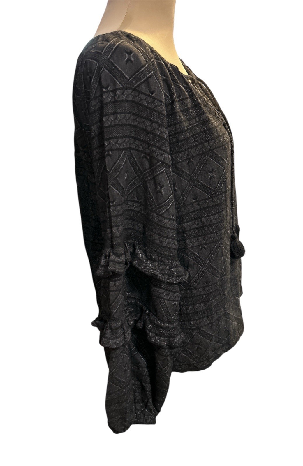 Carly Jean Los Angeles Womens Top Boho Textured Ruffle Balloon Sleeve Sz Medium