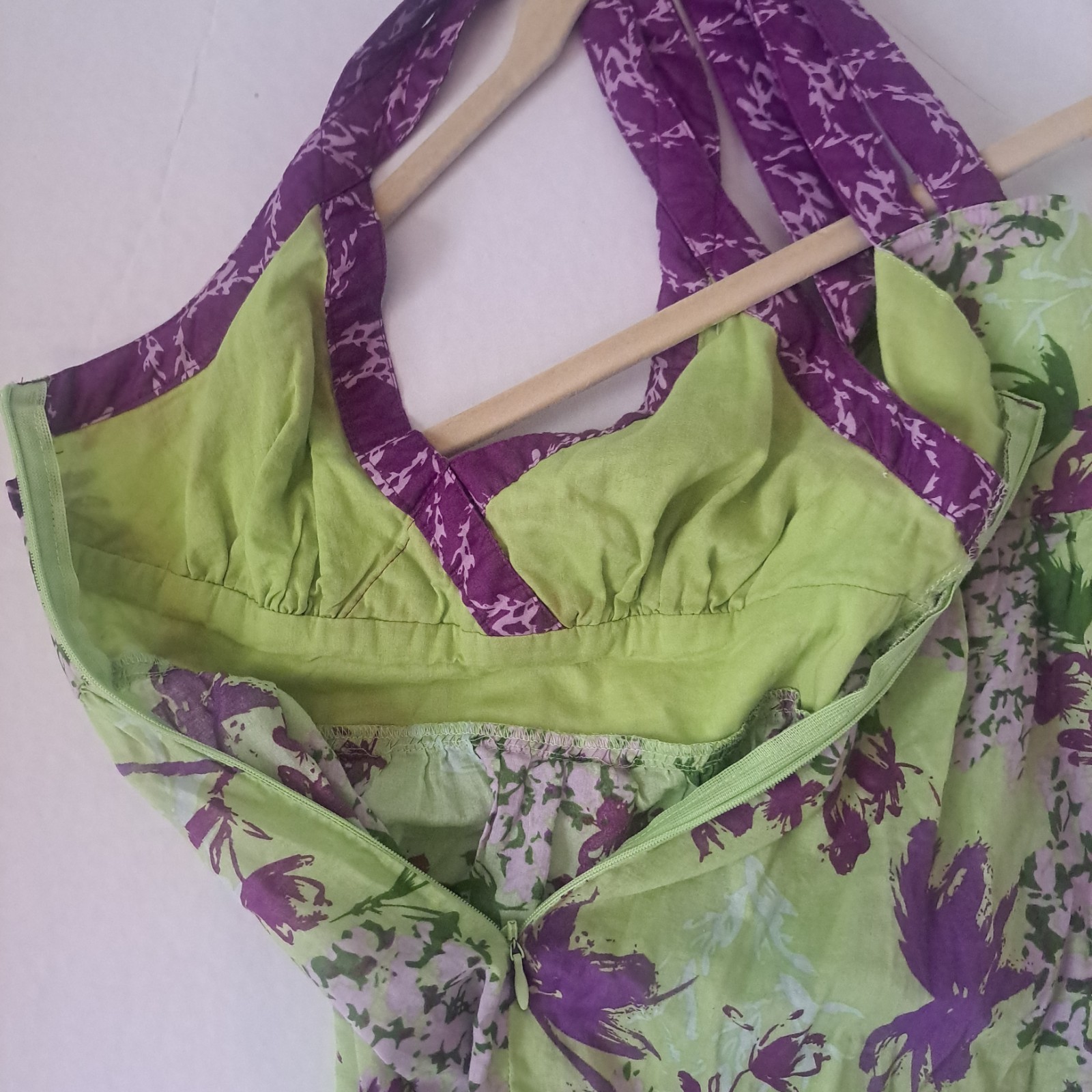 Kensie Y2K Green & Purple Floral Babydoll Top Criss Cross Straps Side Zip Sz XS