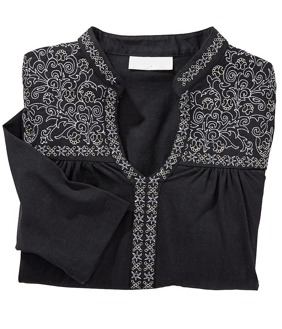 New NWT Bocabay Embroidered Floral Filigree Black Pullover Tunic Top Size Medium
