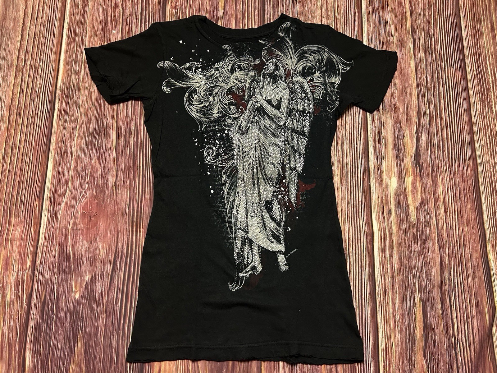 Sinful Womens Small Angel Rhinestone Gothic Graphic T Shirt Y2K Black Made USA