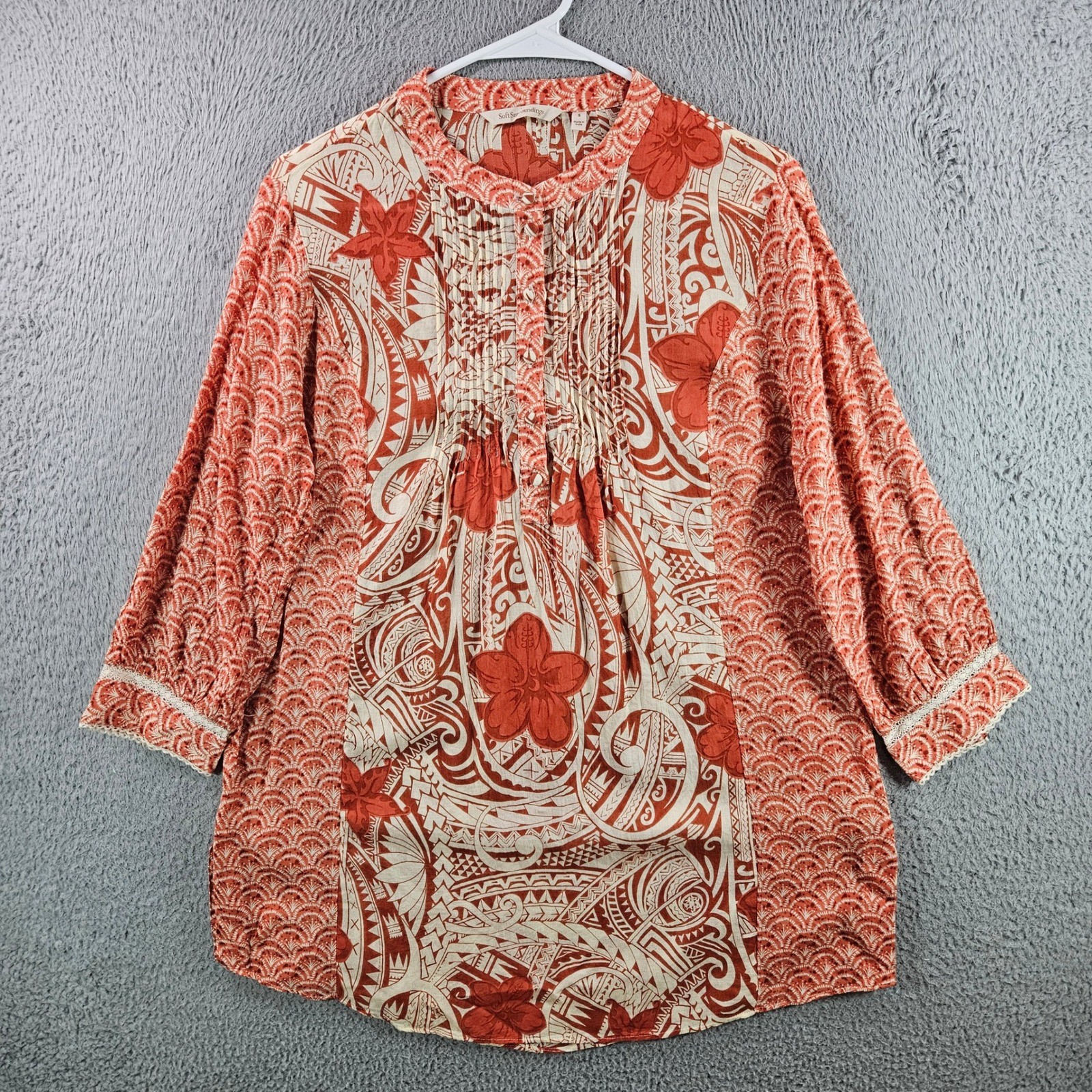 Soft Surroundings Tunic Top Women Size S Orange Tribal Floral Print Pleated