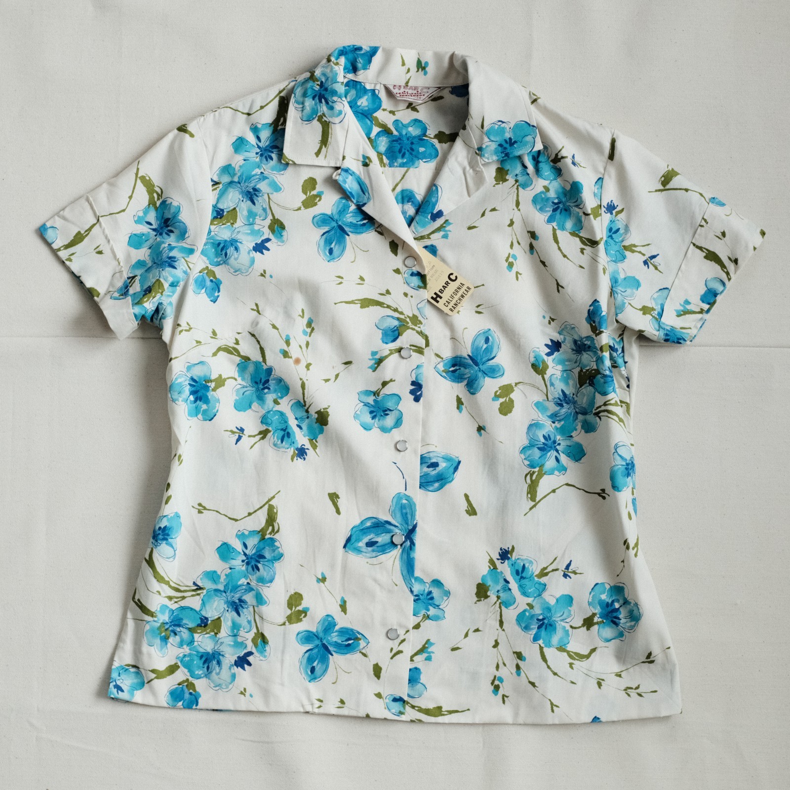 Vintage 50s H Bar C Pearl Snap Floral Cotton Loop Collar Western Ranch Wear