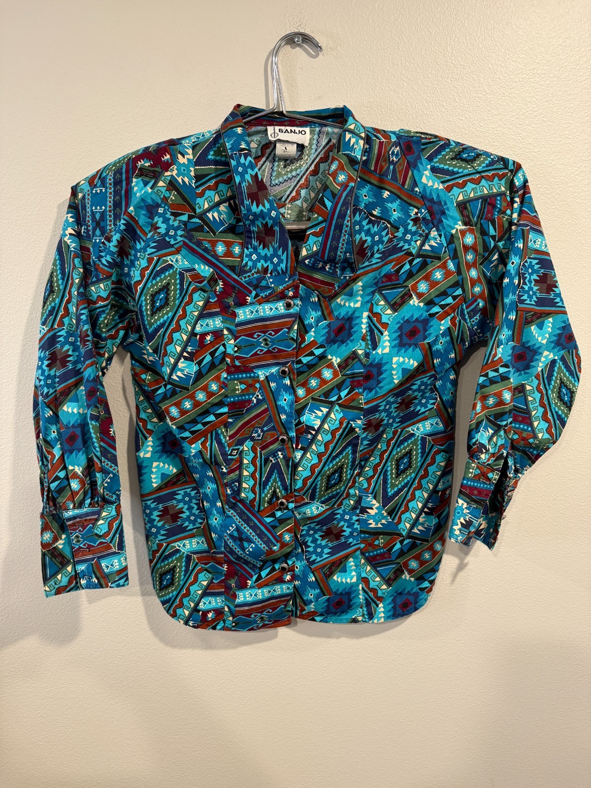 Banjo Shirt Women’s Small Multicolor Geometric Long Sleeve Collared Button-Up