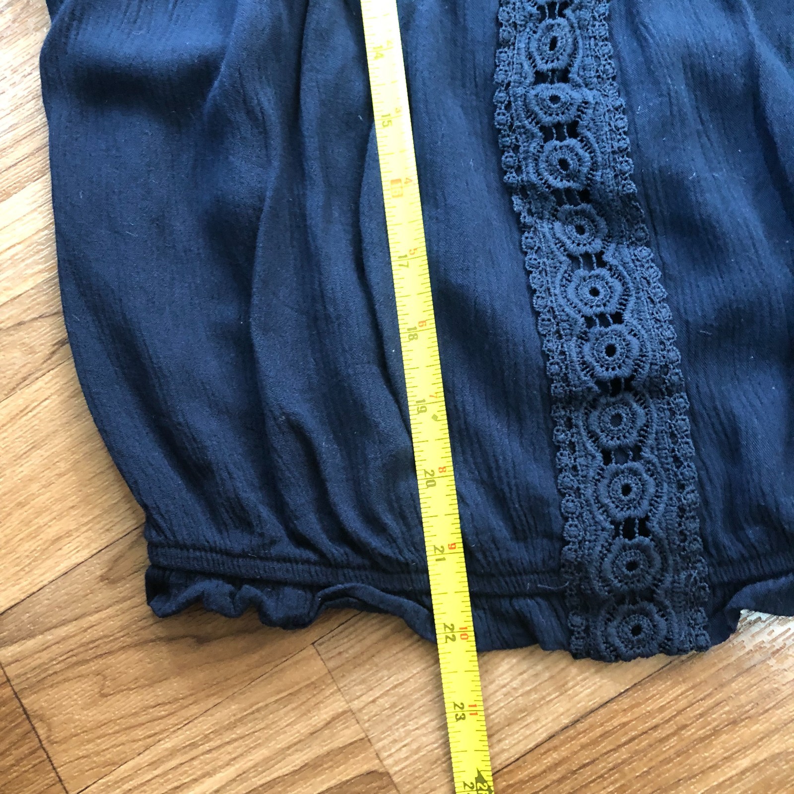 Linda Leal Womens Medium Navy Boho Blouse Lace Trim Elastic Hem Top