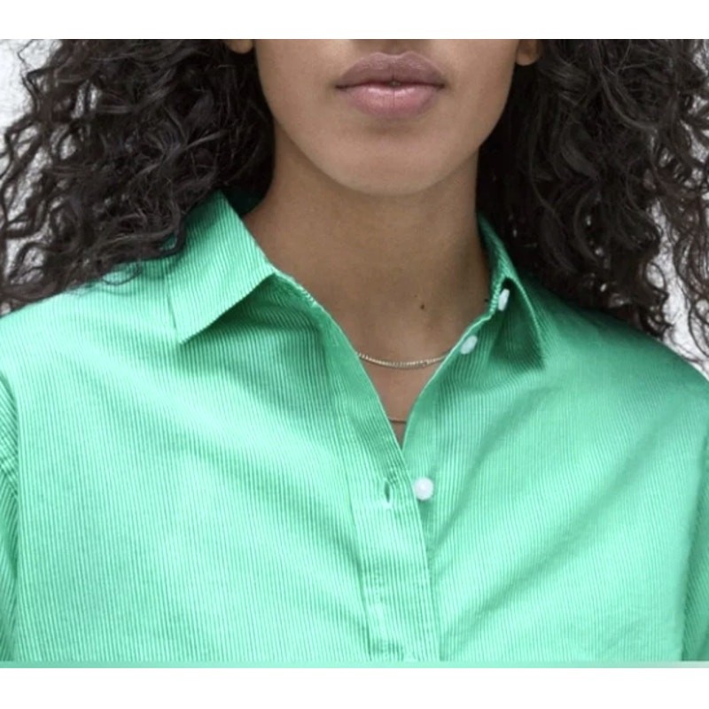 Everlane Shirt Size 4 Button-Down Collared Long Sleeve 100% Cotton Green Stripe