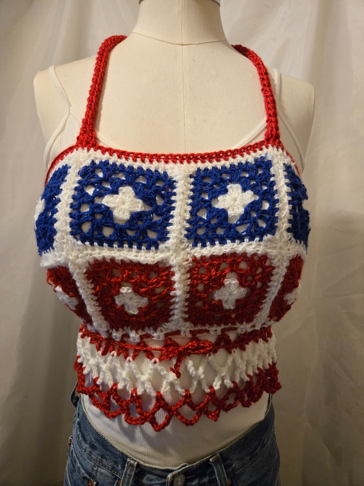 New Red White Blue Granny square Halter top Draw string tie Handmade Crocheted