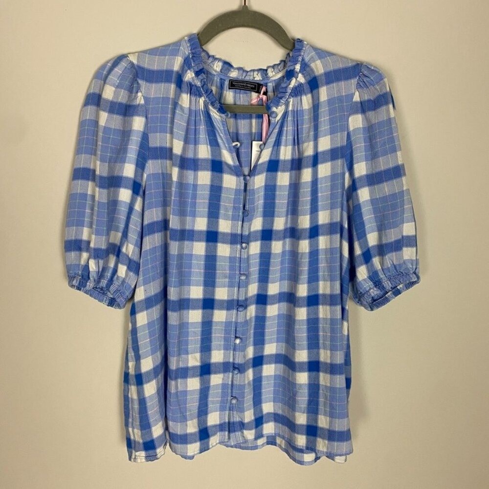 Vineyard Vines Ruffle Neck Plaid Top Calm Water Blue Womens Medium