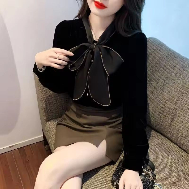 Women Vintage All-match V-Neck Blouse Elegant Bow Clothing Shirt top