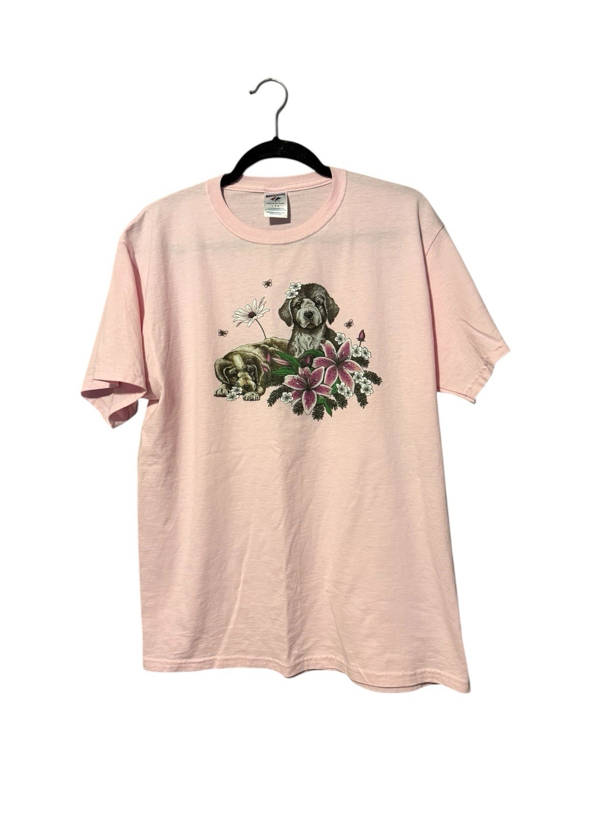 Vintage Jerzees Puppy Floral Graphic T-Shirt Pink L Heavyweight Blend Cute Dog