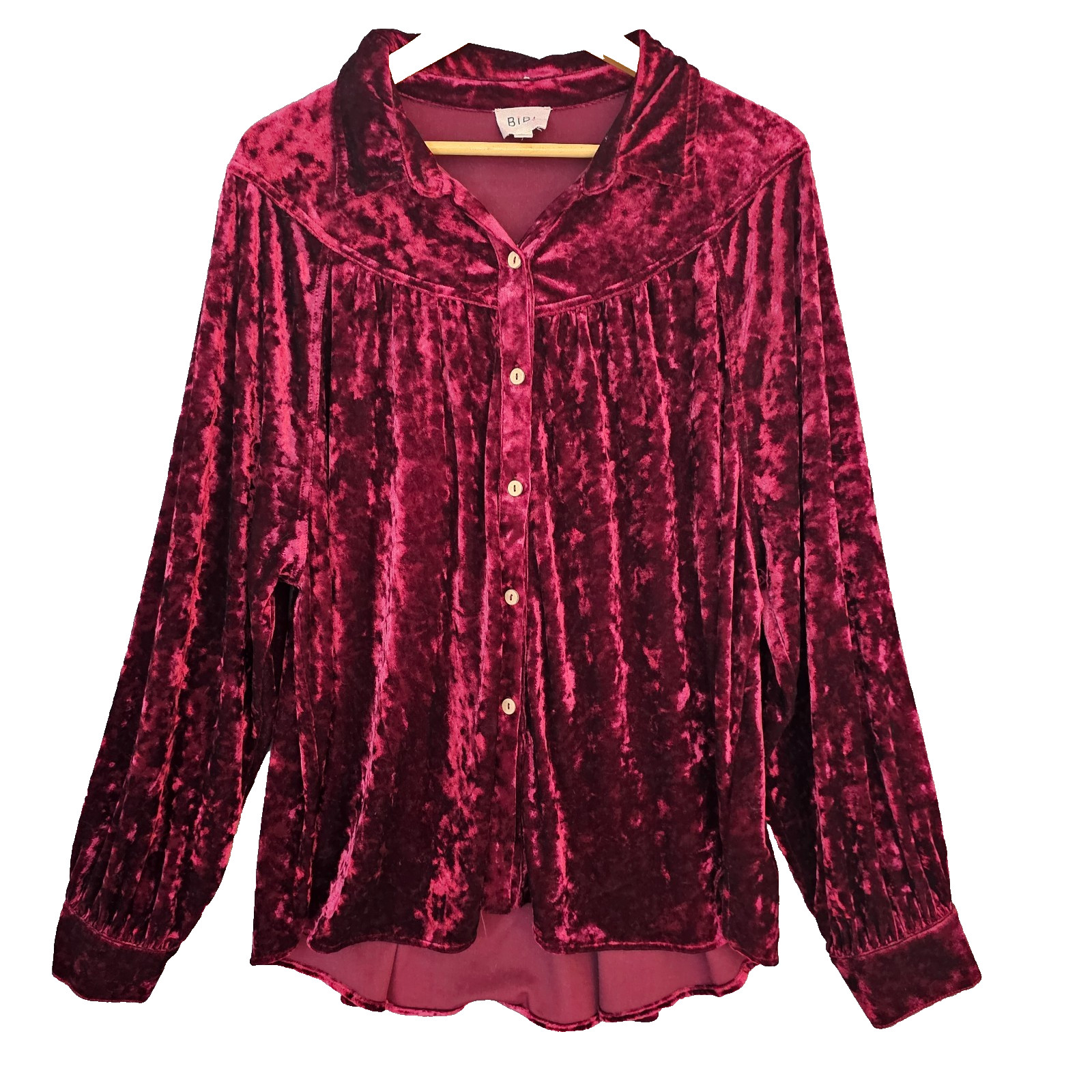 Bibi Romantic Glam Crushed Velvet Top Womens L Burgandy Drop Yoke Button Up