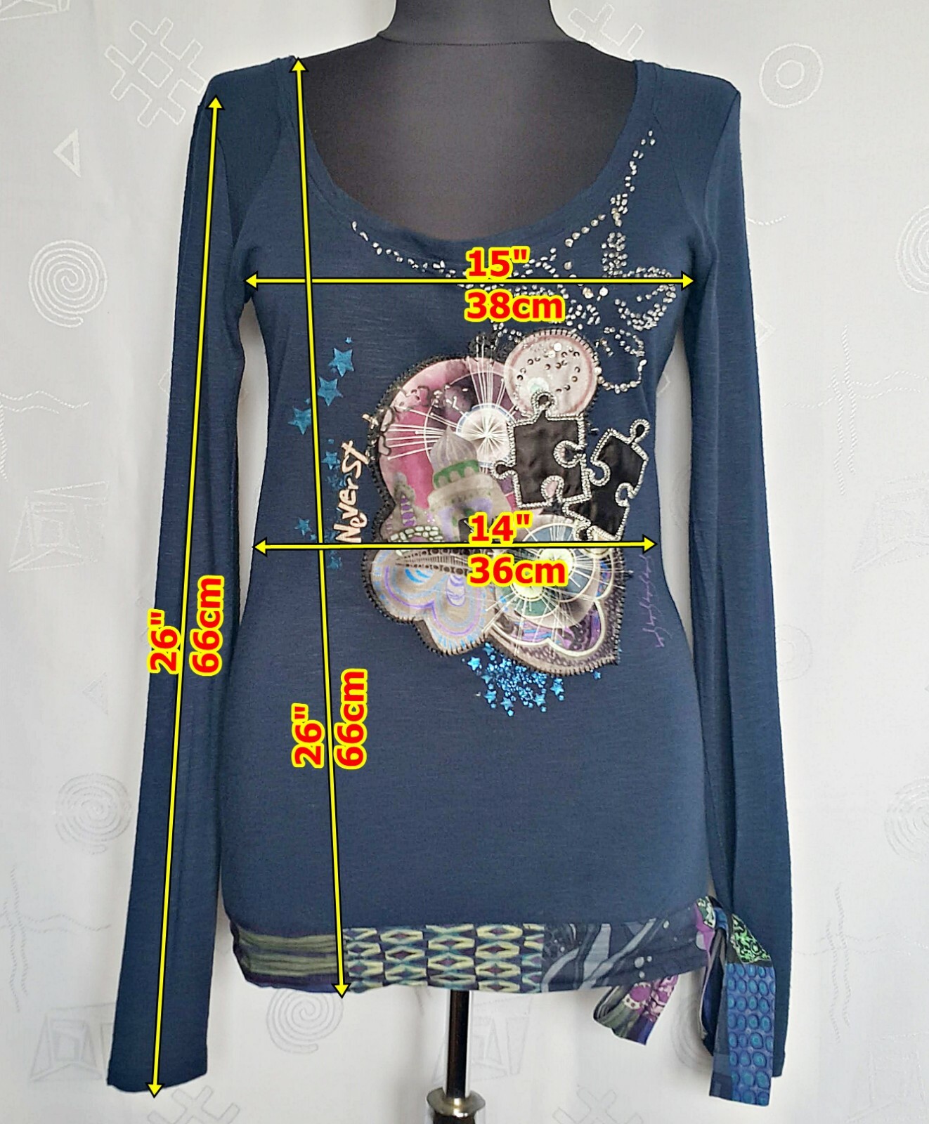 AUTHENTIC DESIGUAL APPLICATION EMBROIDERY BLUE WOMENS BLOUSE TUNIC SIZE US 4 XS