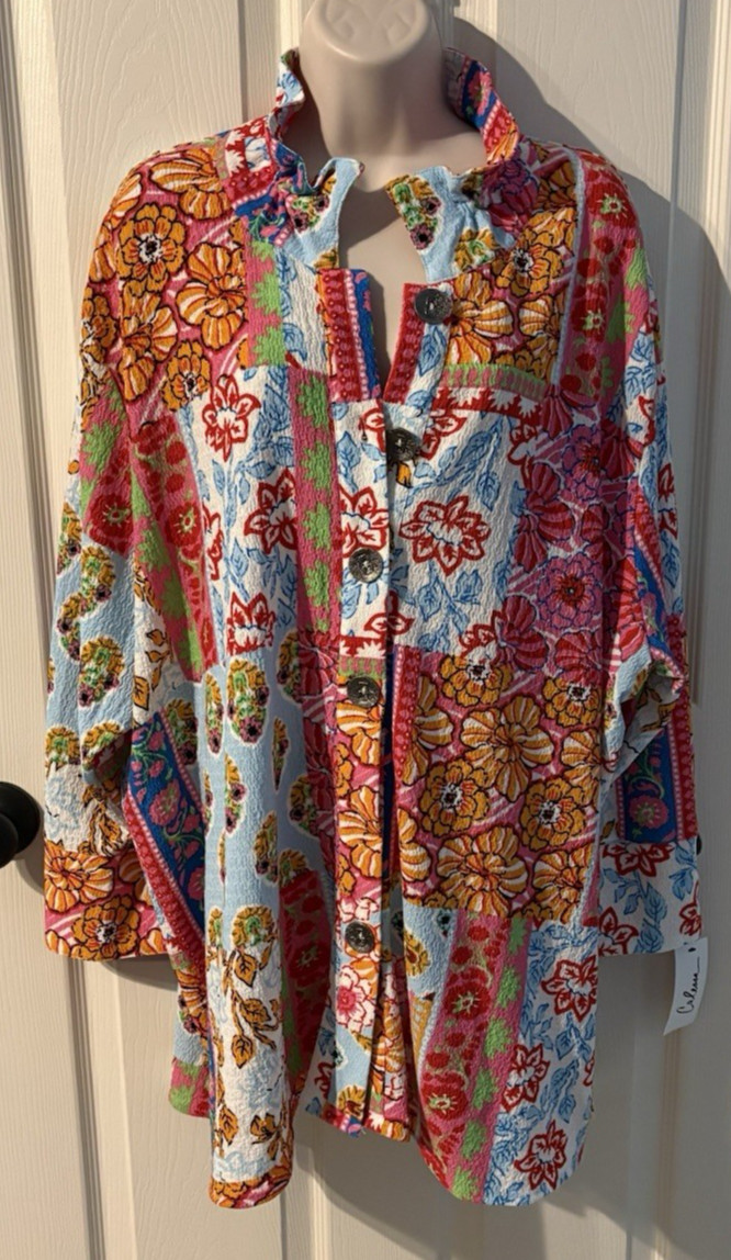 NWT CALESSA Tunic Top Button Front Stand Up Collar 3/4 Sleeve Crinkle Size 3X