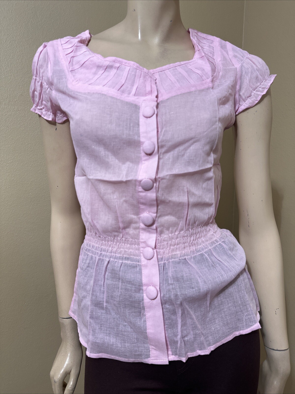 Women’s Pink Cotton Casual Summer Sheer Elastic Waist Size M Button-up Blouse