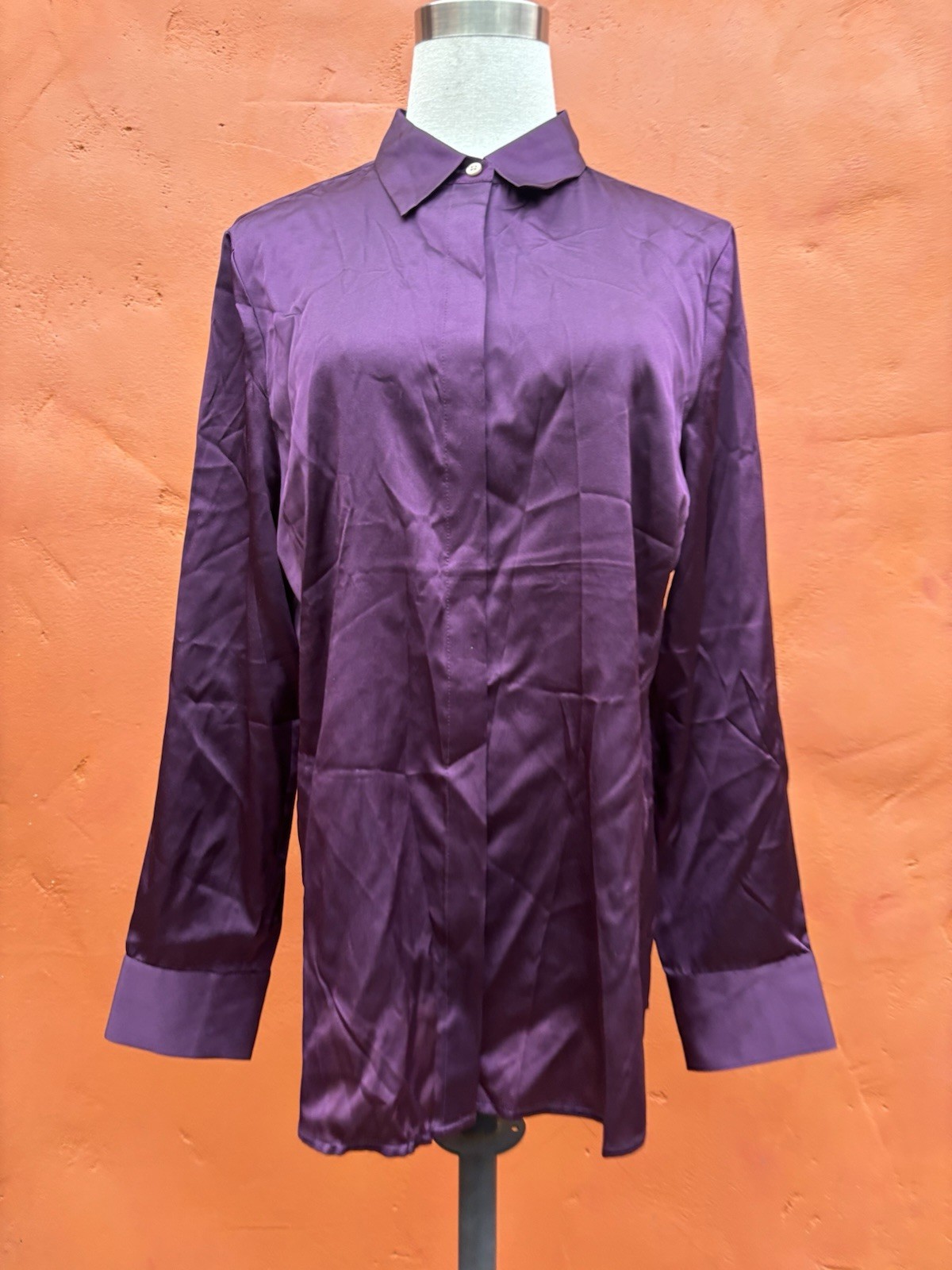 NWT ANN TAYLOR Petites 14P Plum Button Down Silk Blouse Shirt Top Barrel Cuff