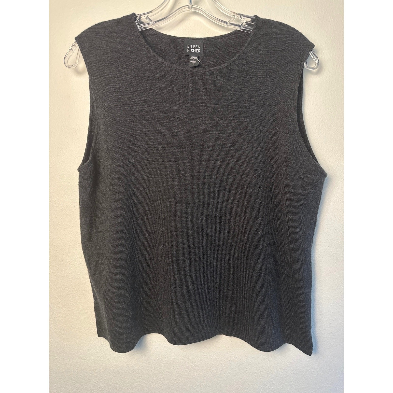 NWT Eileen Fisher Fine 100% Merino Wool Knit Shell Tank Top Charcoal Gray | Sz L