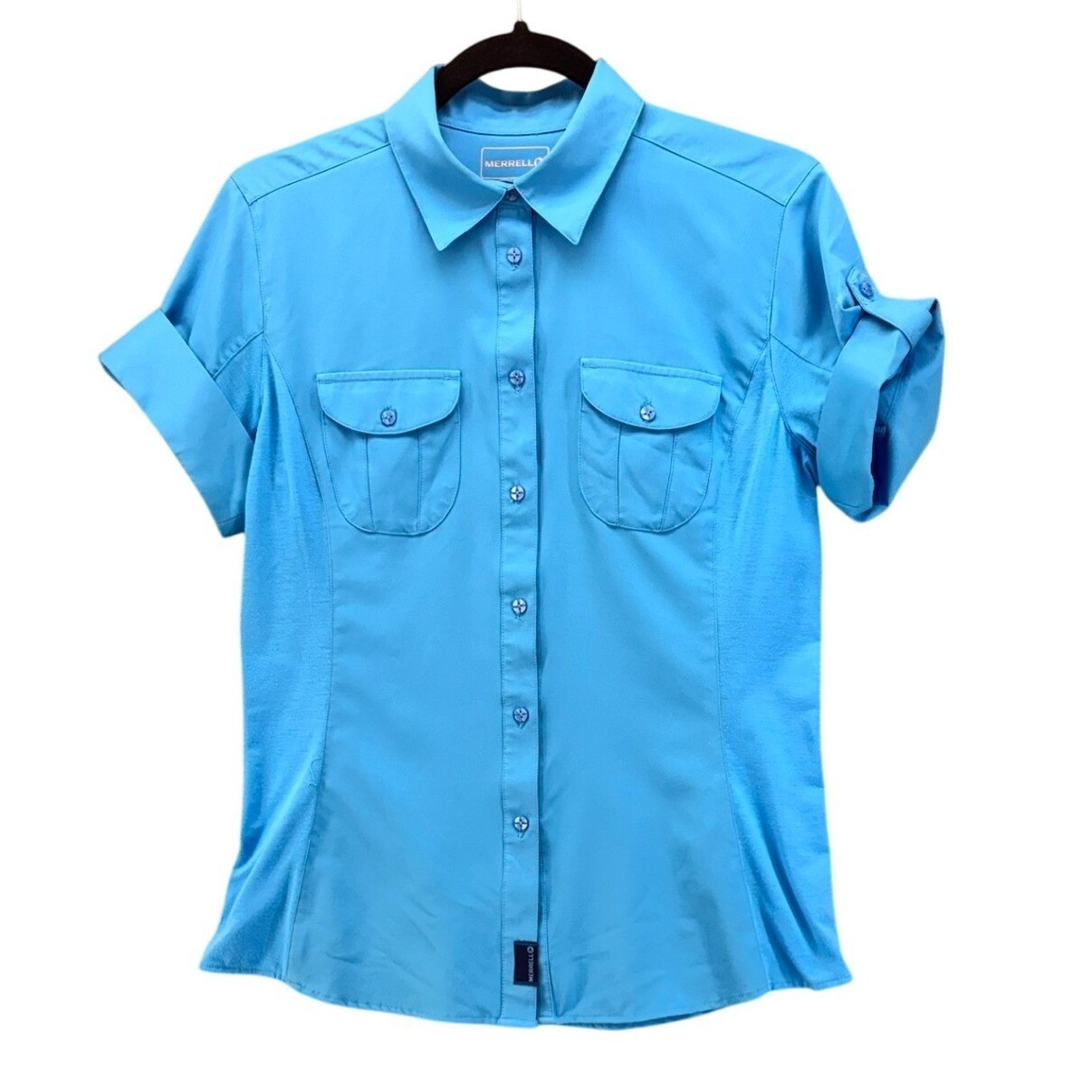 Merrell Opti-Wick Hiking Shirt Womens Medium Blue Button Up Short Sleeve Outdoor