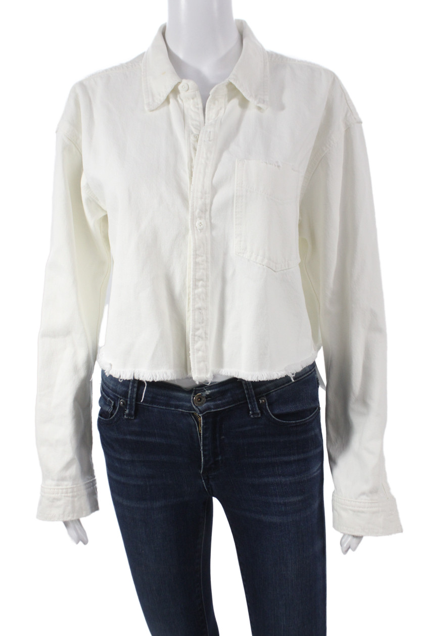 Grlfrnd Womens Cropped Collared Button Up White 90s Longsleeve Size S