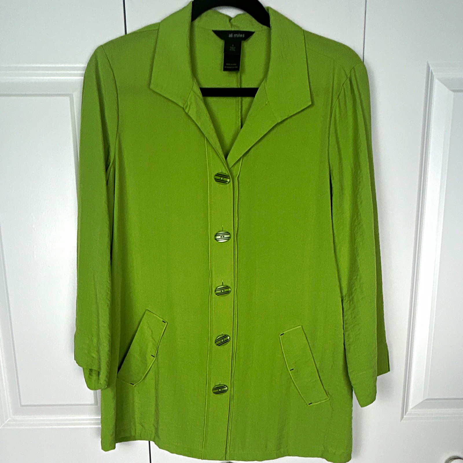 Ali Miles Green Button Front Jacket 3/4 Sleeve Pockets Mid-Length Women’s S