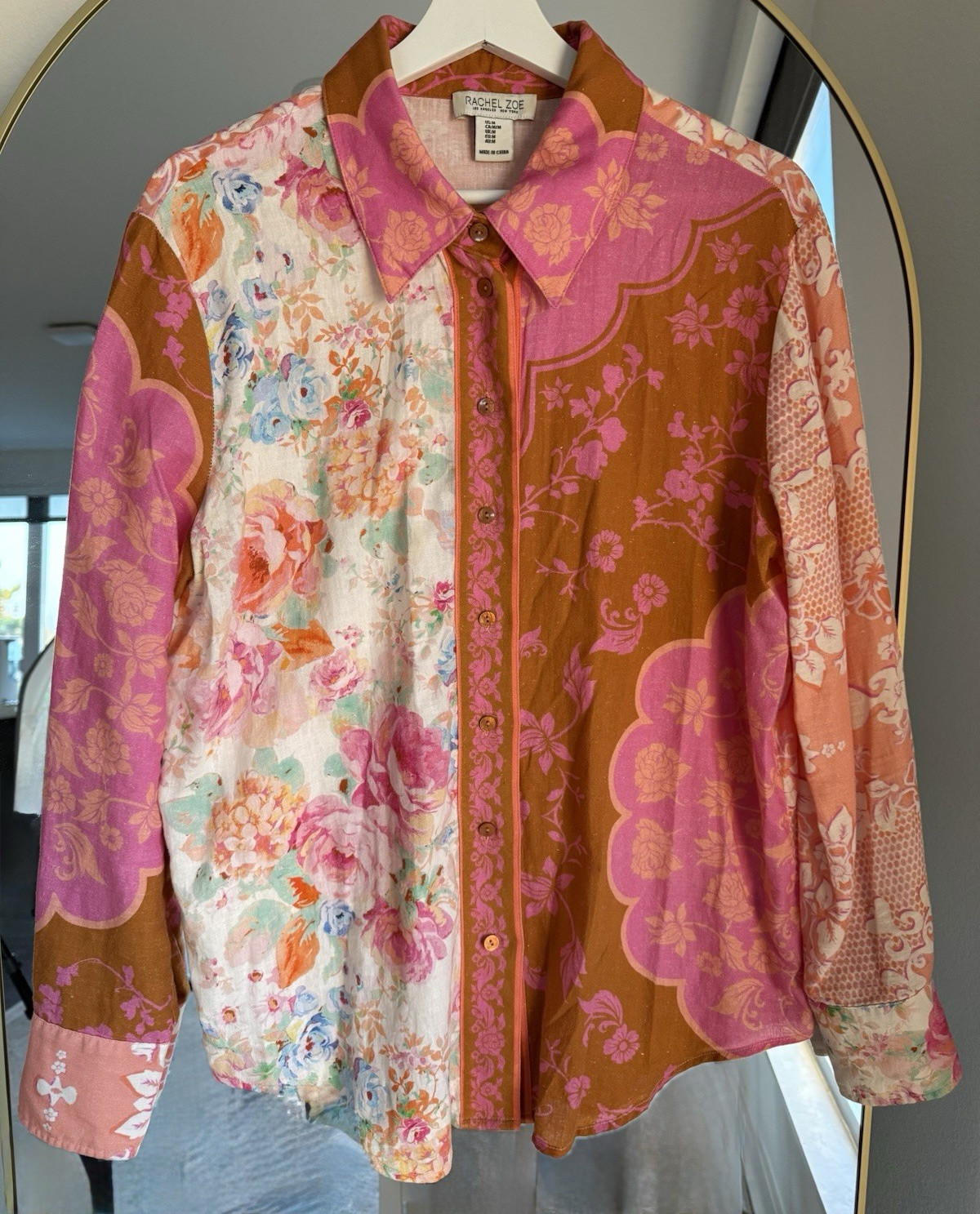 Rachel Zoe Women’s Floral Multicolor Linen Rayon Woven Button-Up Blouse M