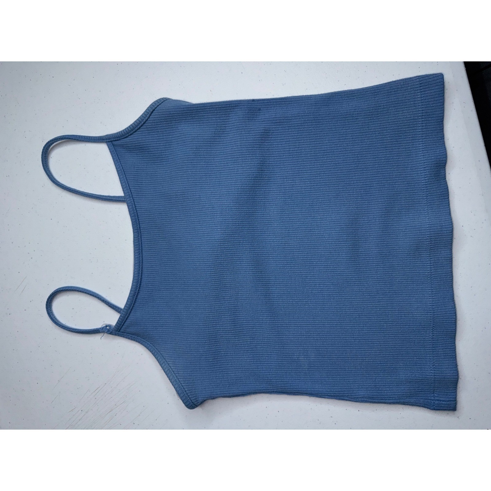 Womens Blue Ribbed Shelf Bra Camisole Spaghetti Strap Tank Top