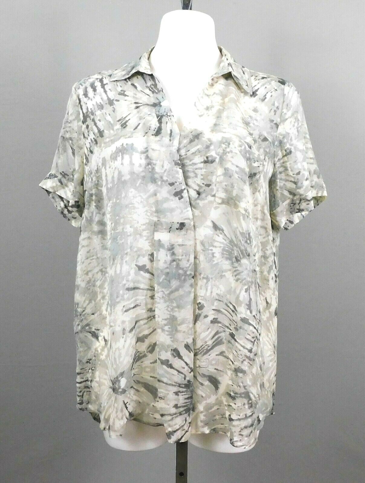 LOGO by Lori Goldstein Printed Sheer Woven Top, Front Pleat, Gray, Small