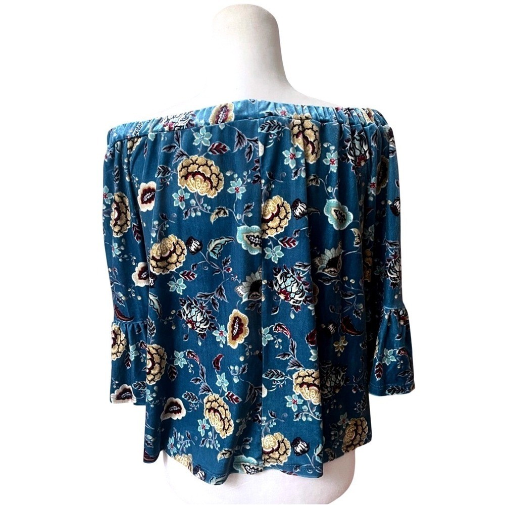 Current + Project Floral Bell Sleeve Off Shoulder Velvet Top Womens Small Blue